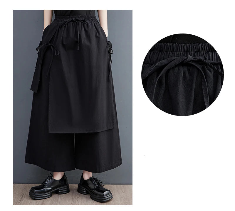 Women’s Black Wide-Leg Pants – Ankle Length with Bandage Detail