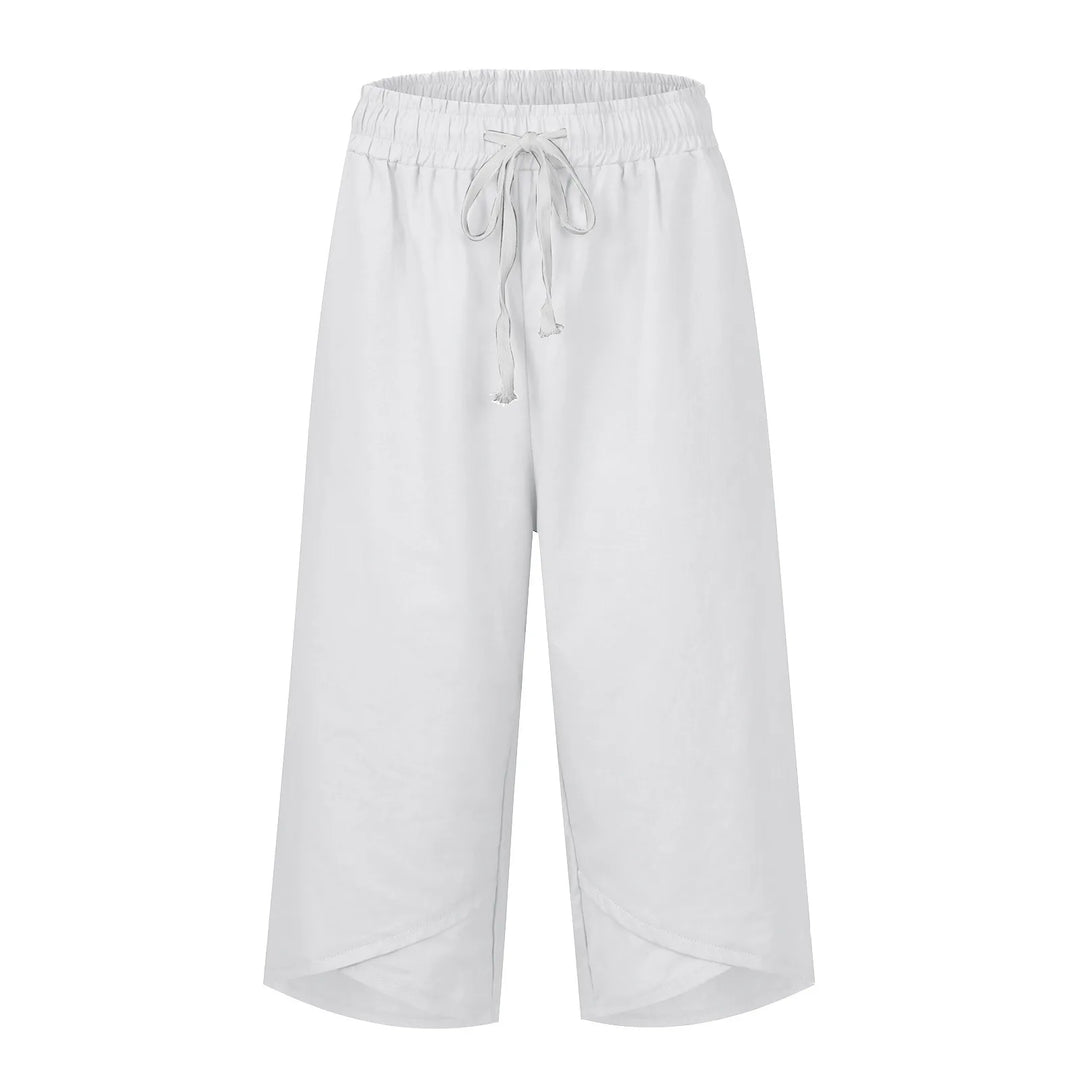 White wide-leg pants with a drawstring on a white background