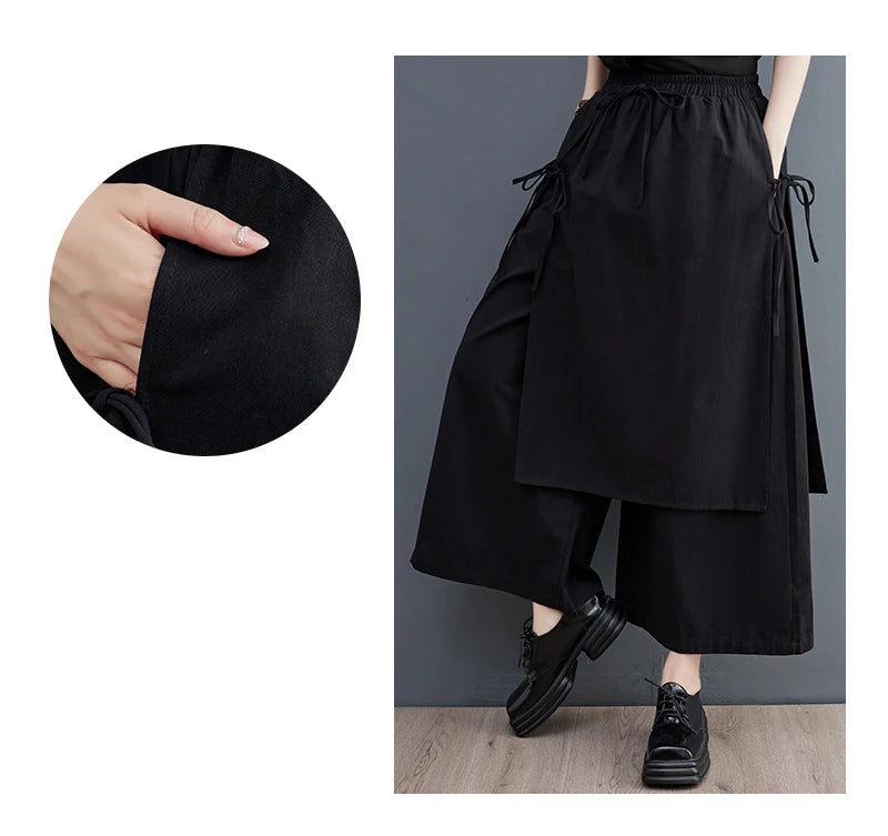 Women’s Black Wide-Leg Pants – Ankle Length with Bandage Detail
