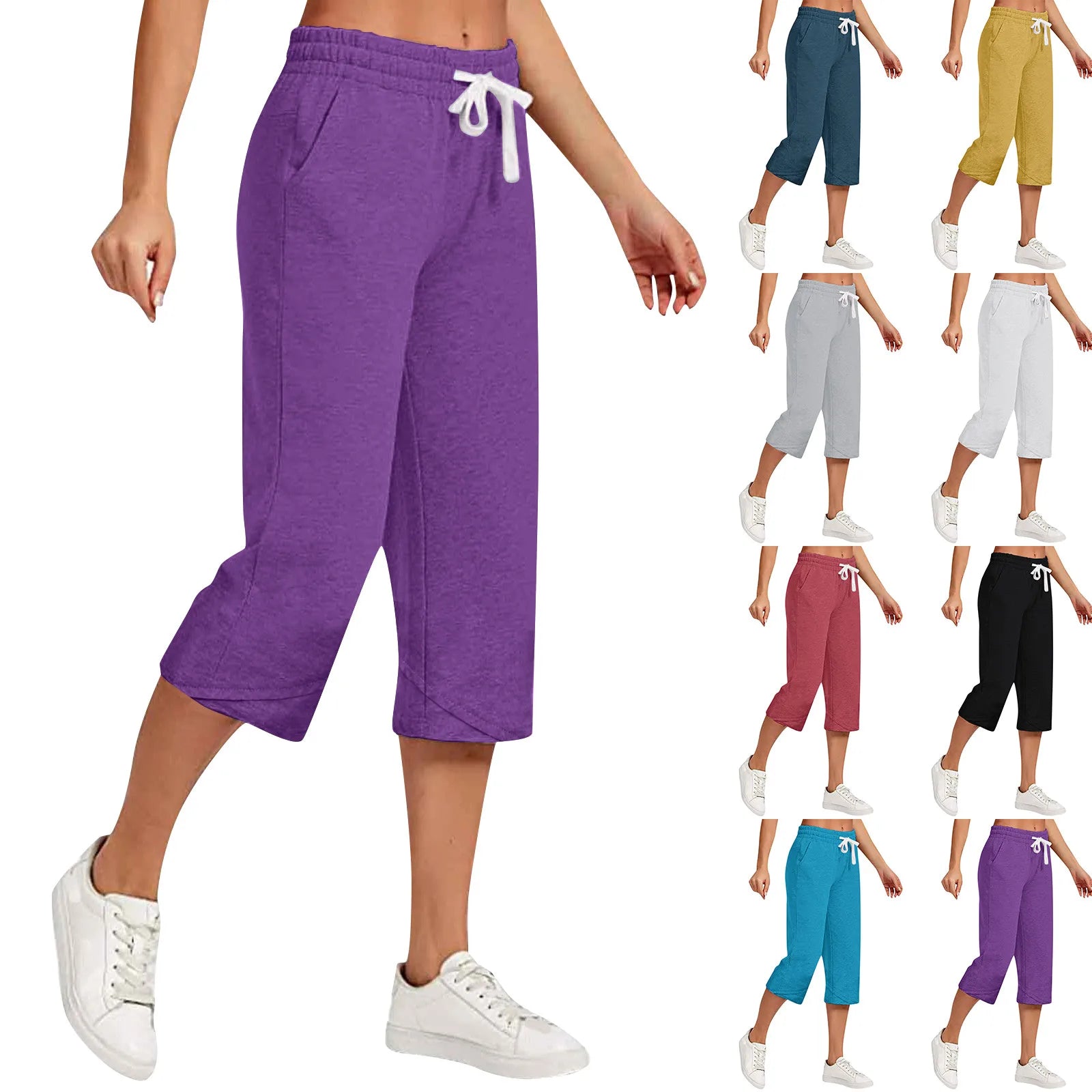 Purple capri pants worn by a person with additional images of similar pants in various colors on a white background.