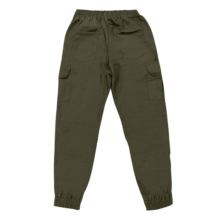 Olive green cargo pants on a white background
