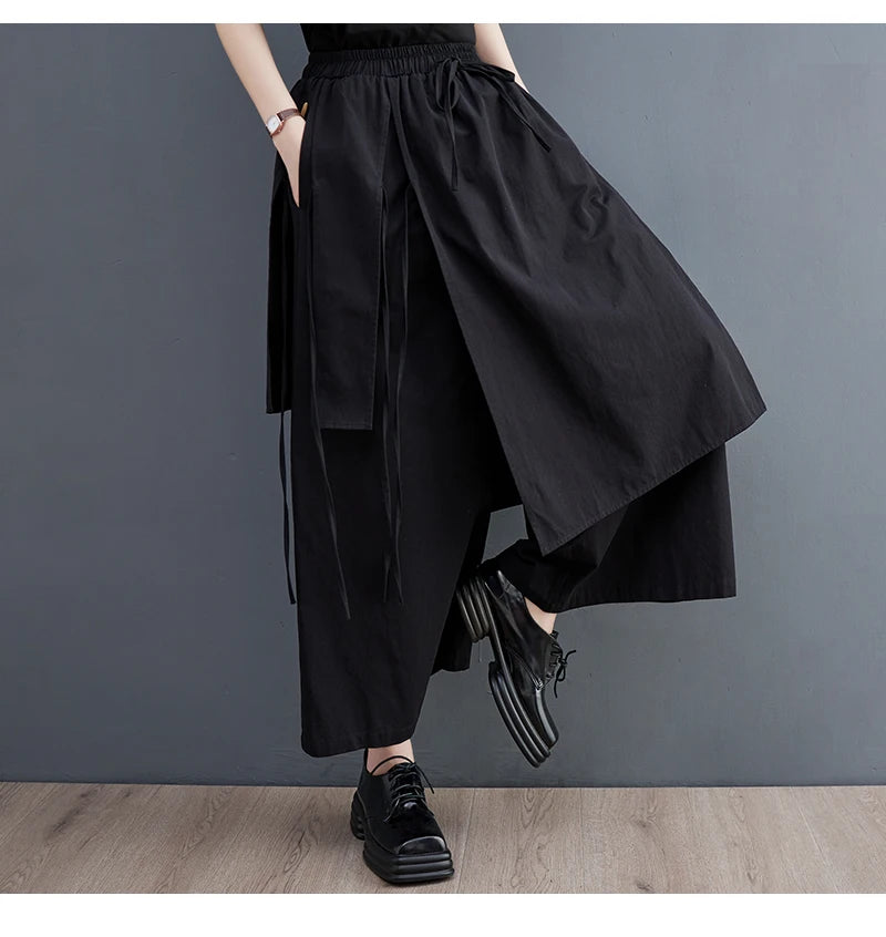 Women’s Black Wide-Leg Pants – Ankle Length with Bandage Detail