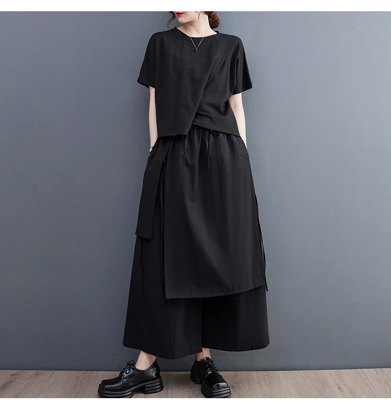 Women’s Black Wide-Leg Pants – Ankle Length with Bandage Detail