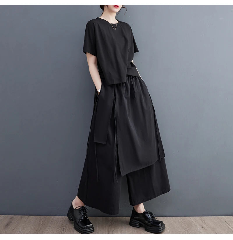 Women’s Black Wide-Leg Pants – Ankle Length with Bandage Detail