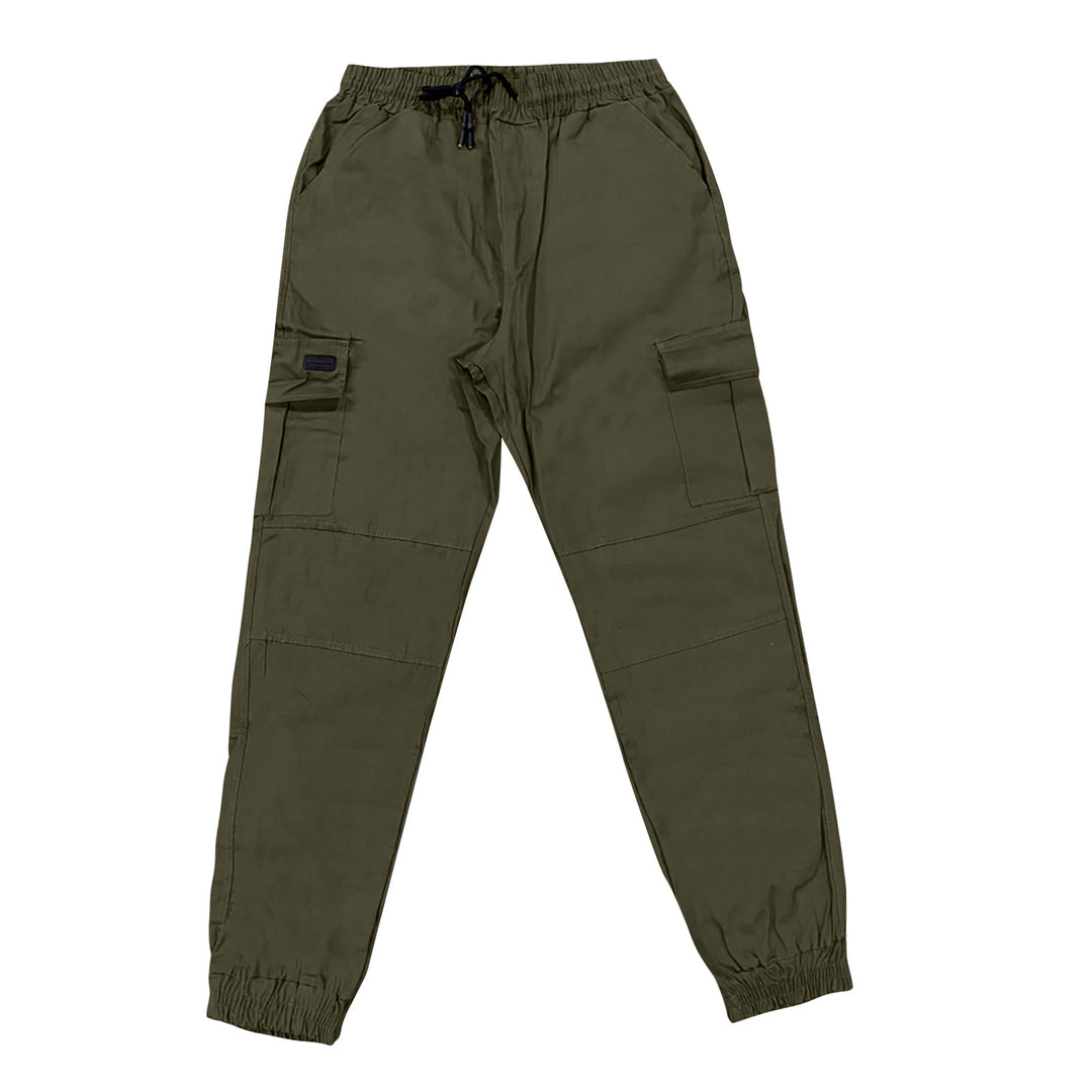 Olive green cargo pants on a white background