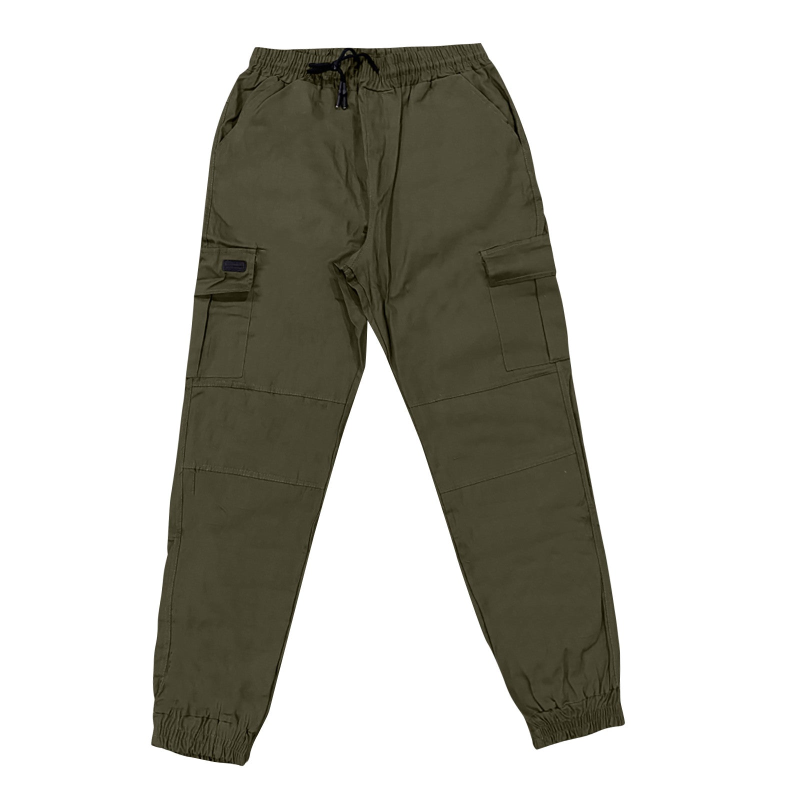 Olive green cargo pants on a white background