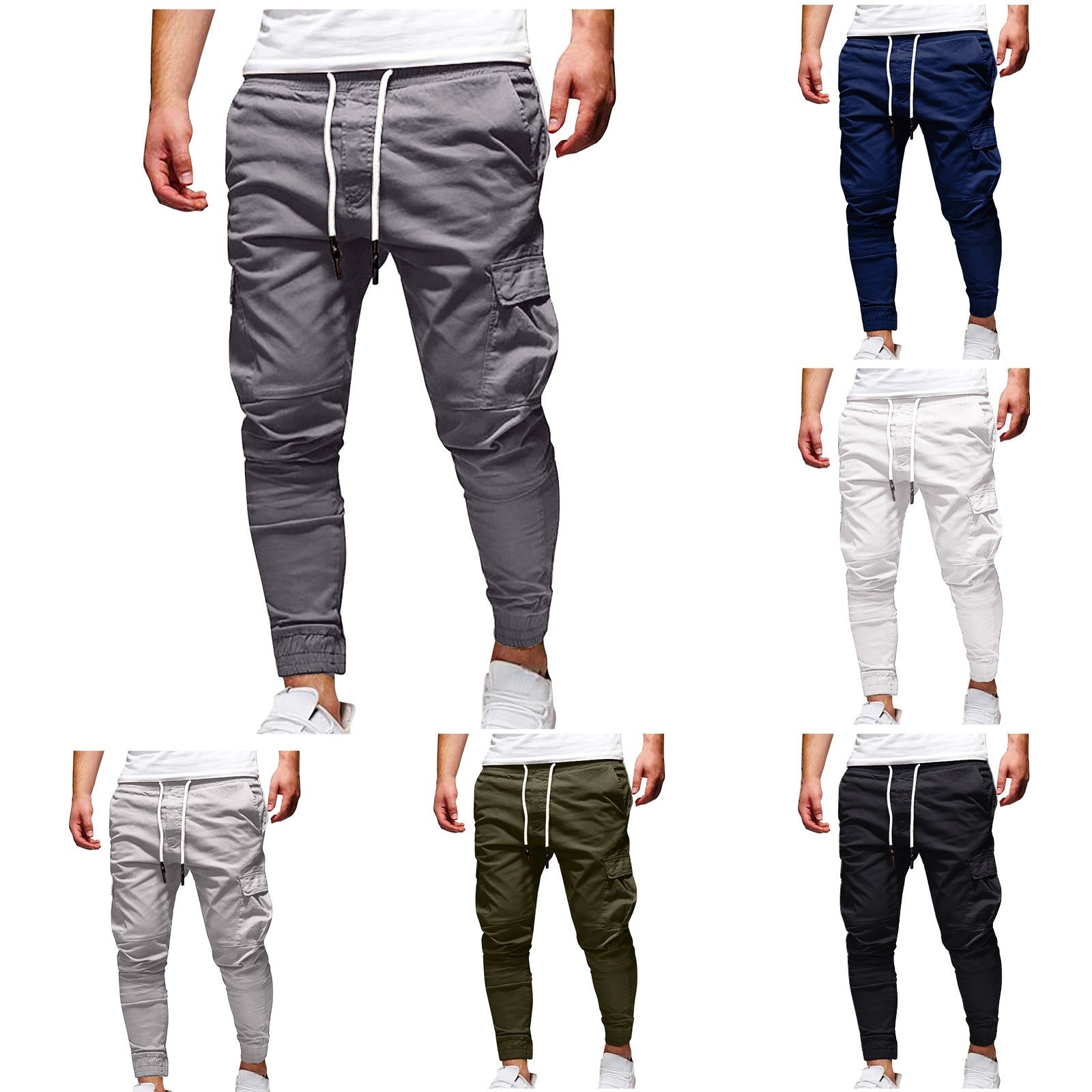 Collection of jogger pants in various colors on a white background