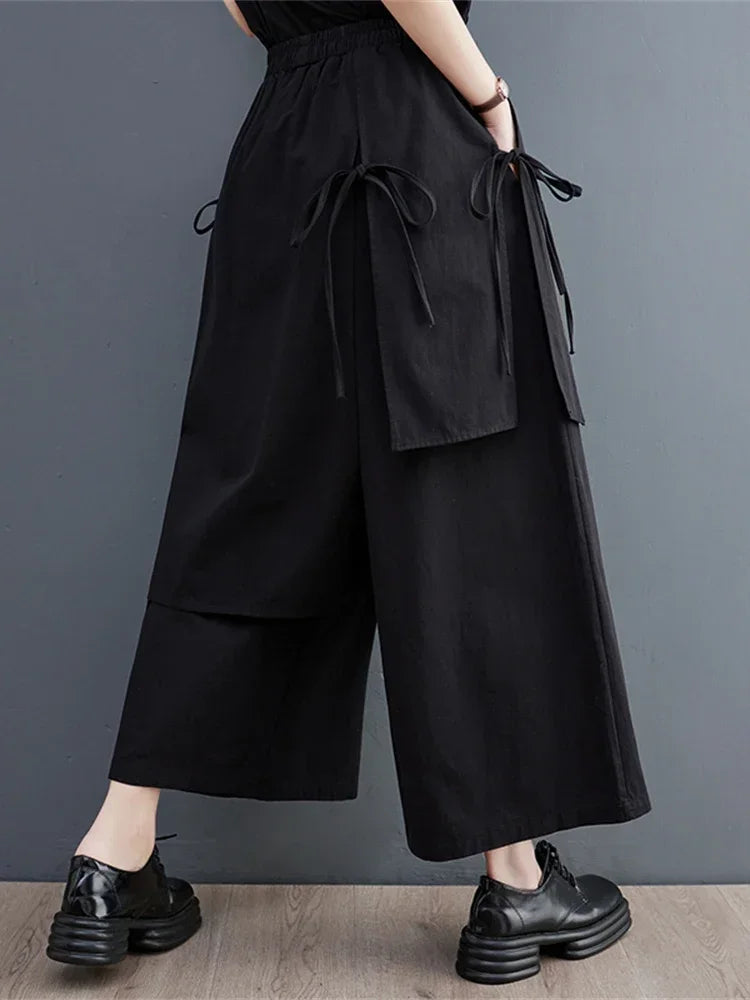 Women’s Black Wide-Leg Pants – Ankle Length with Bandage Detail