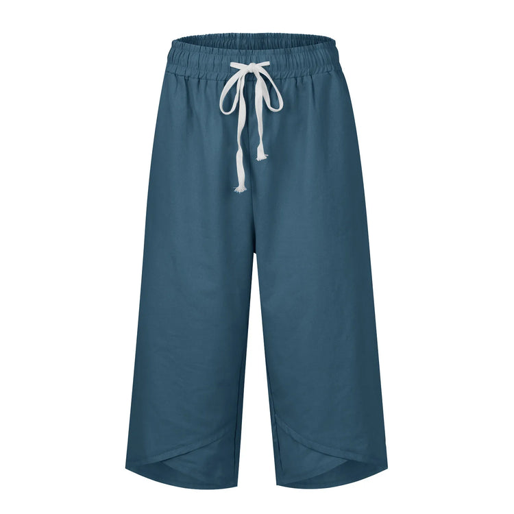 Blue pants with a drawstring on a white background