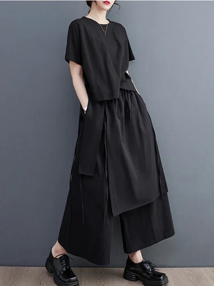 Women’s Black Wide-Leg Pants – Ankle Length with Bandage Detail