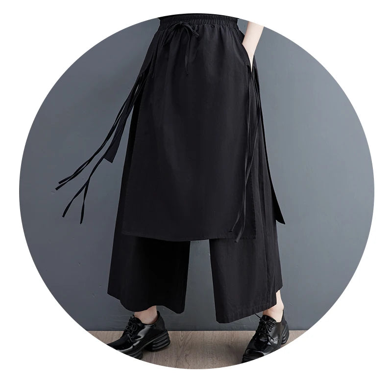 Women’s Black Wide-Leg Pants – Ankle Length with Bandage Detail