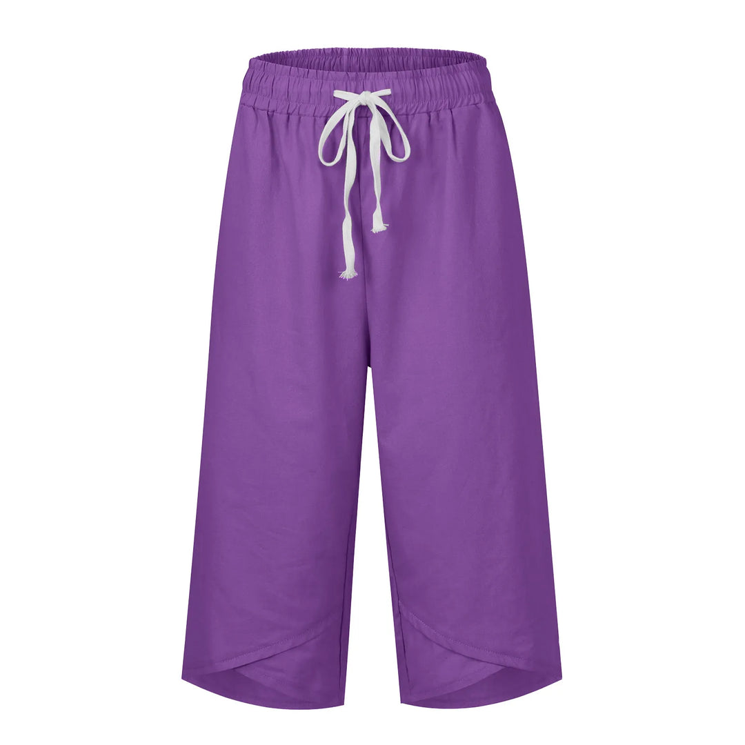 Purple pants with a white drawstring on a white background