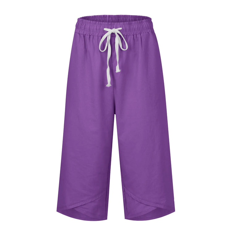 Purple pants with a white drawstring on a white background