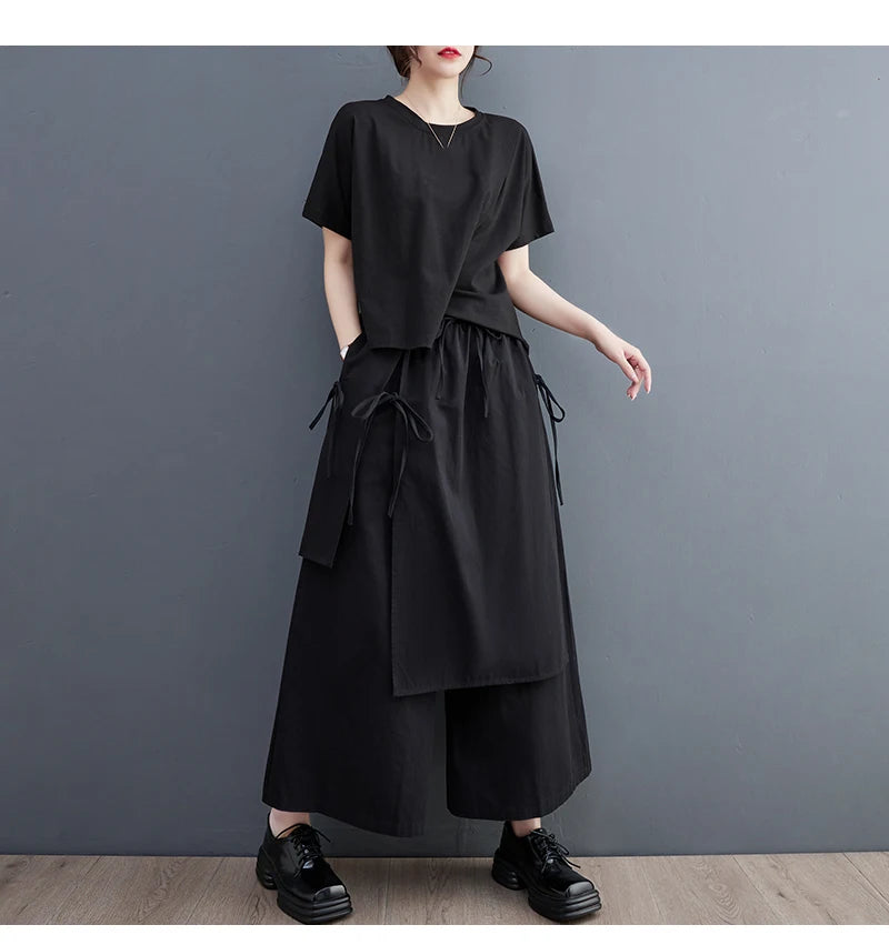 Women’s Black Wide-Leg Pants – Ankle Length with Bandage Detail