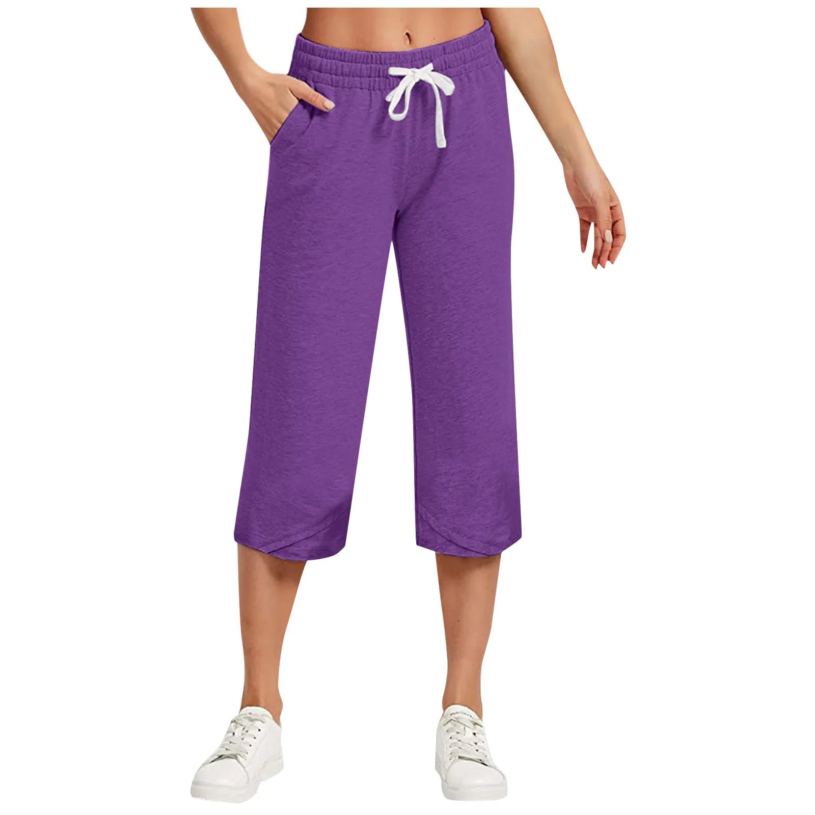 Purple capri pants with a white drawstring on a white background